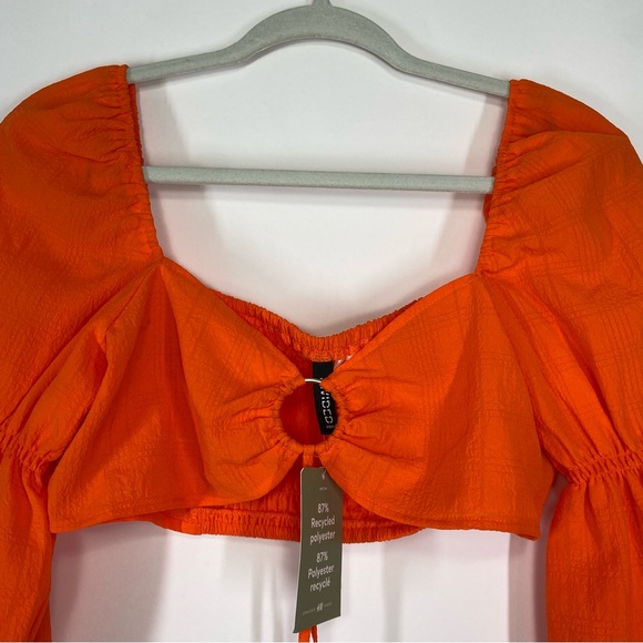 H&M Balloon-Sleeved Cropped Blouse Top Orange Size M Rave Festival Tie Front - Picture 6 of 12